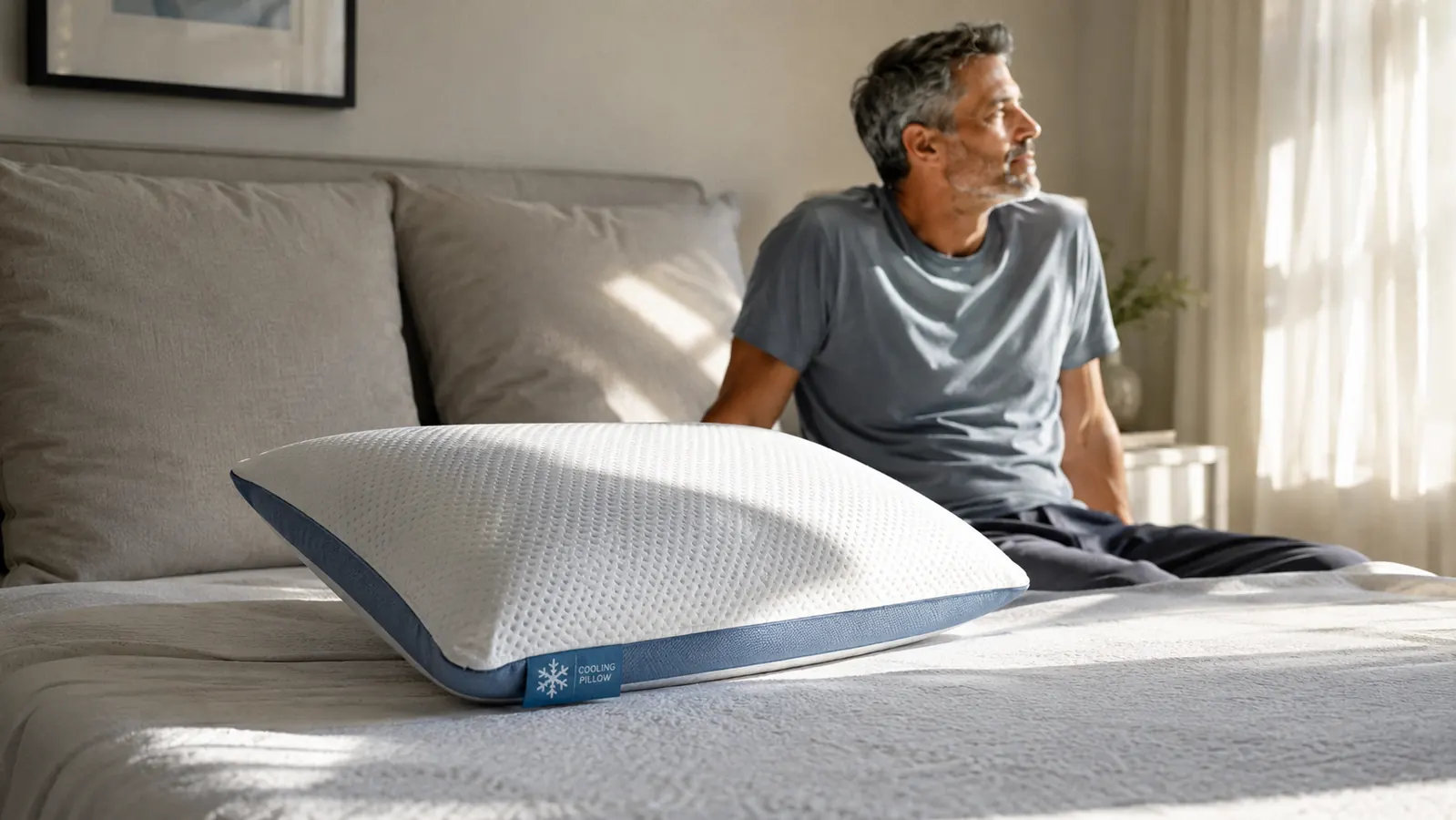 A gel-infused cooling pillow on a neatly made bed with afternoon sunlight coming through a west-facing window