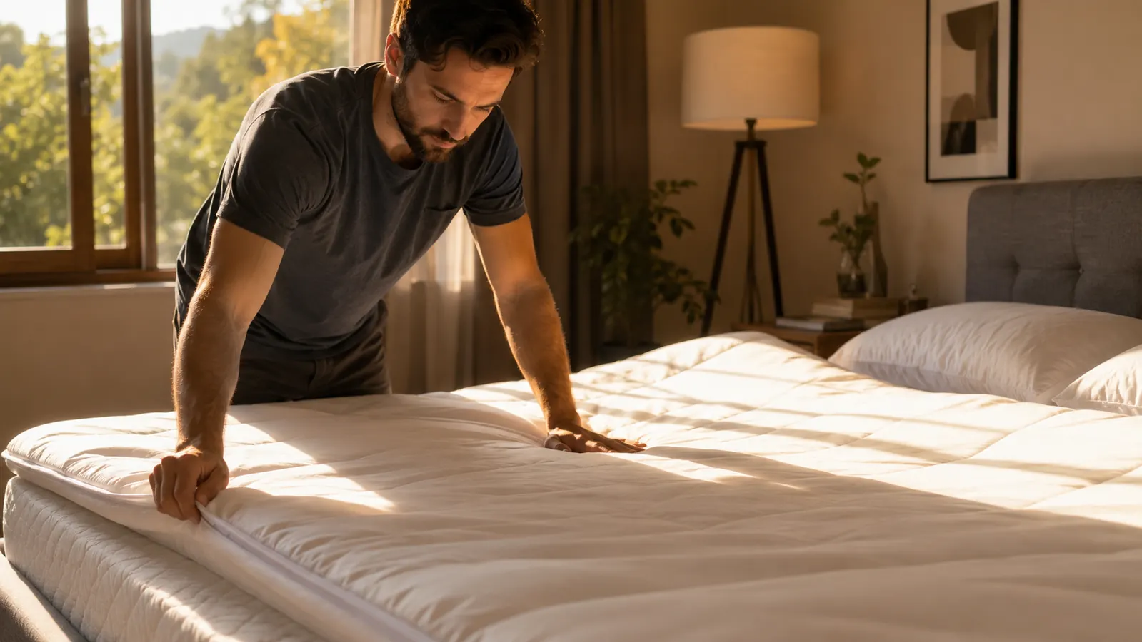 A gel memory foam mattress topper being smoothed over a bare mattress in a sunlit bedroom