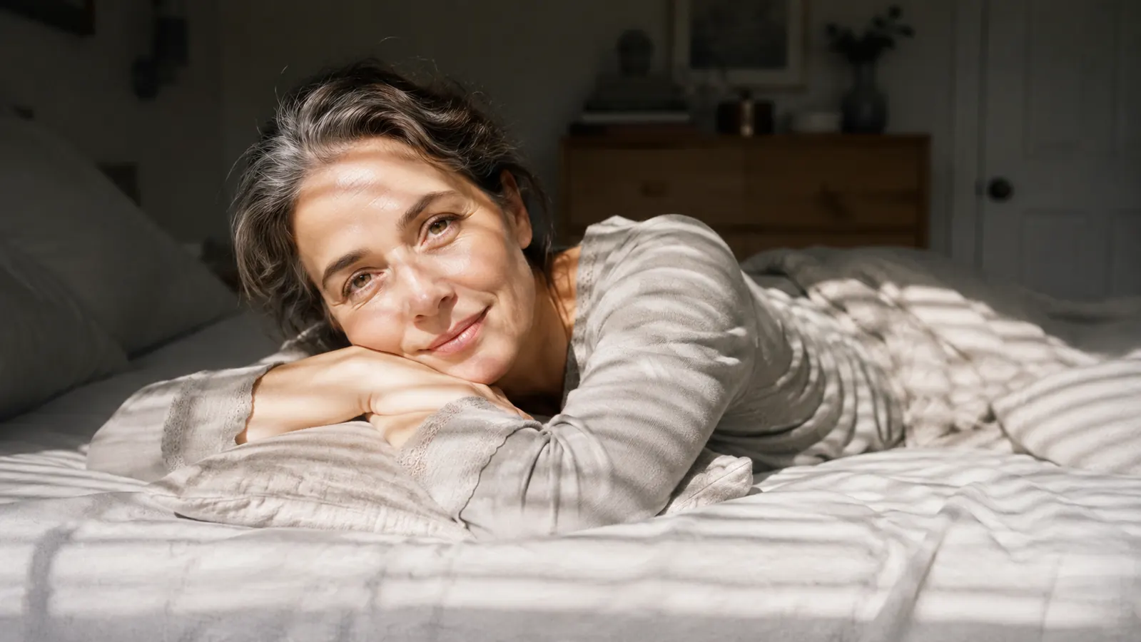 A bedroom with blinds drawn against afternoon sun, a white noise machine glowing softly on the nightstand