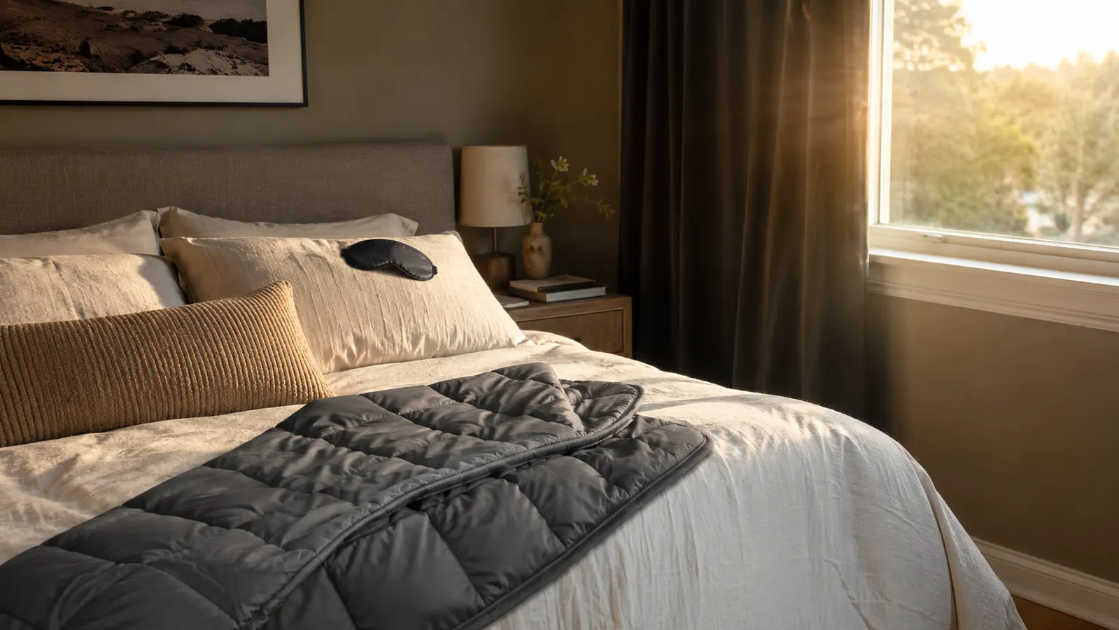A calm, softly lit bedroom with layered bedding, a bedside table, and blackout curtains drawn against afternoon light