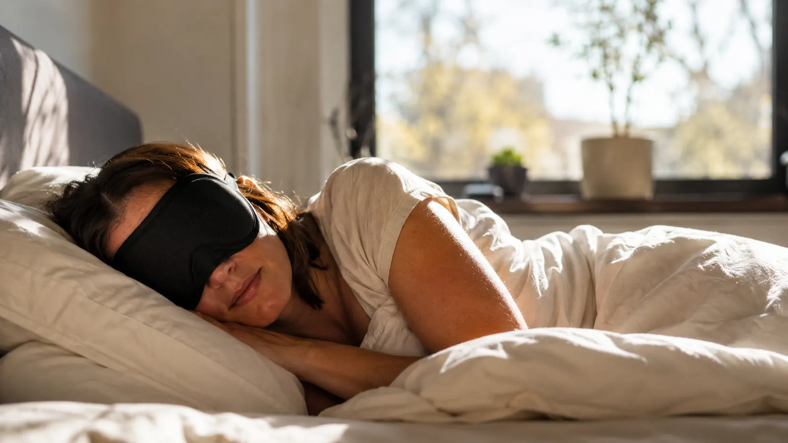 A woman lying on her side in bed wearing a contoured sleep mask, pillow tucked under her cheek, midday light blocked out