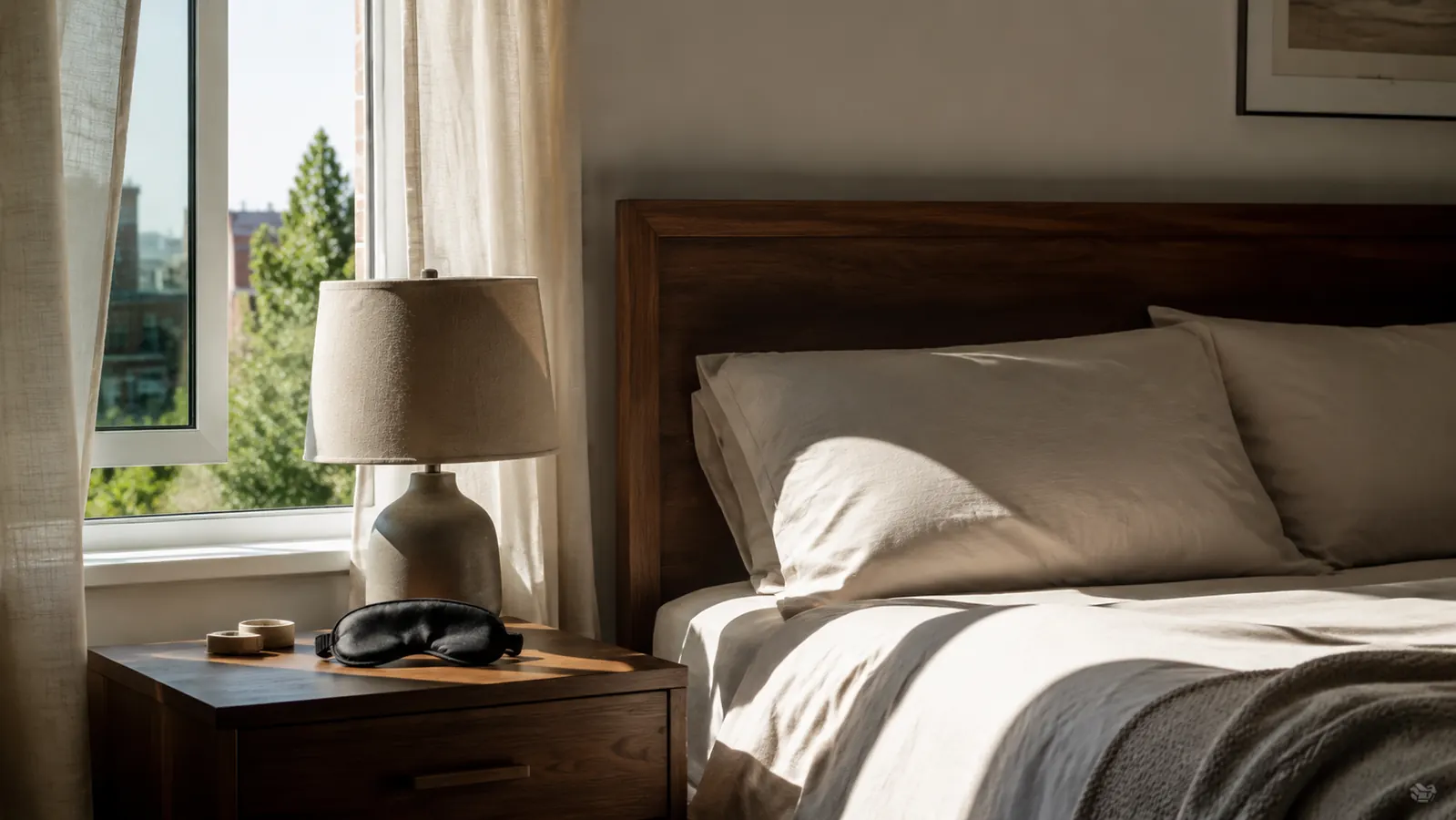A contoured sleep mask resting on a nightstand beside a bed, with afternoon sun coming through a west-facing second-floor window