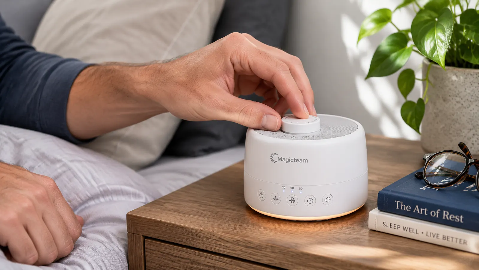 A hand adjusting the volume dial on a Magicteam white noise machine on a nightstand