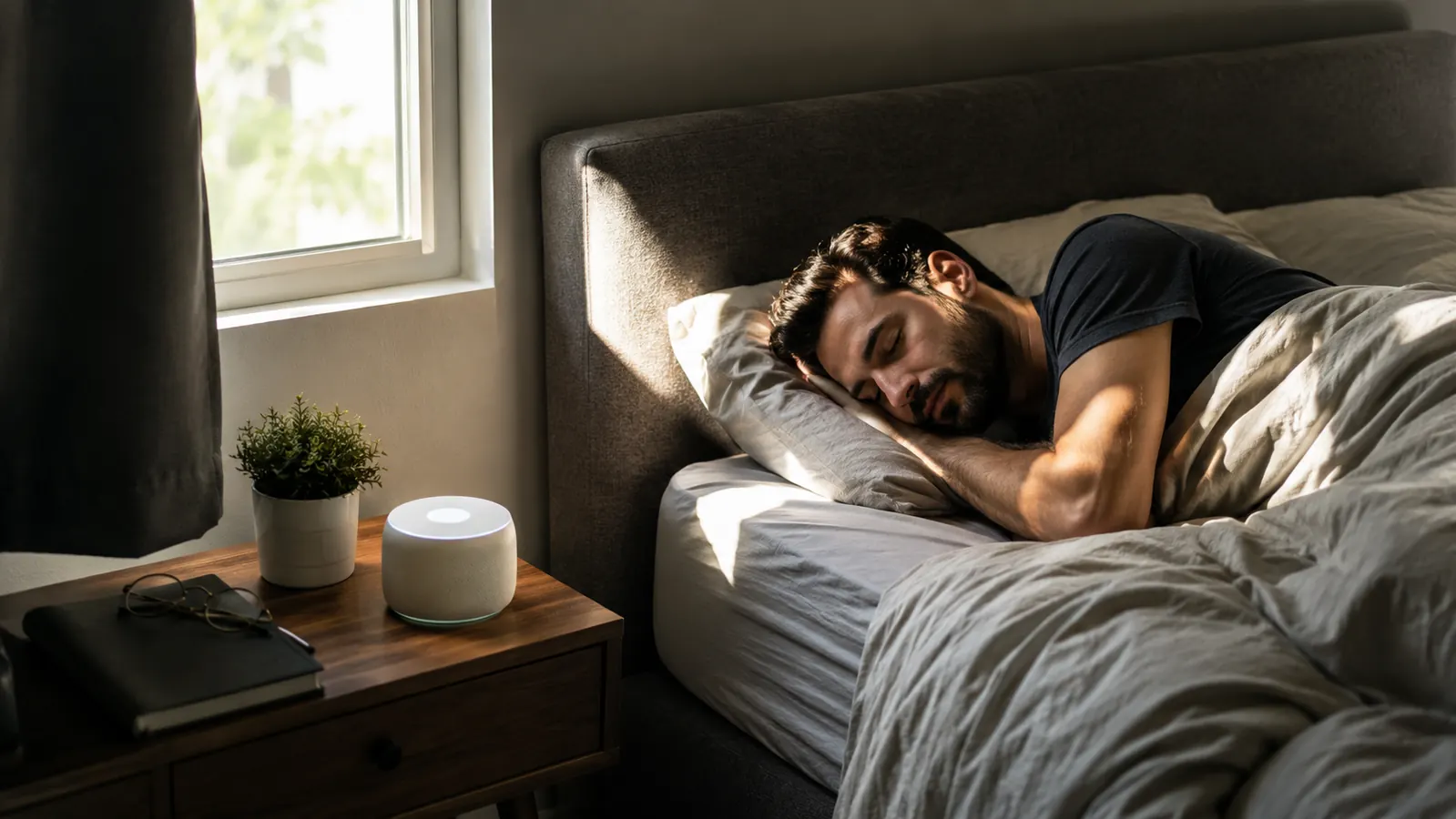 A bright second-floor bedroom in early afternoon with a small white noise machine sitting on the nightstand next to a made bed