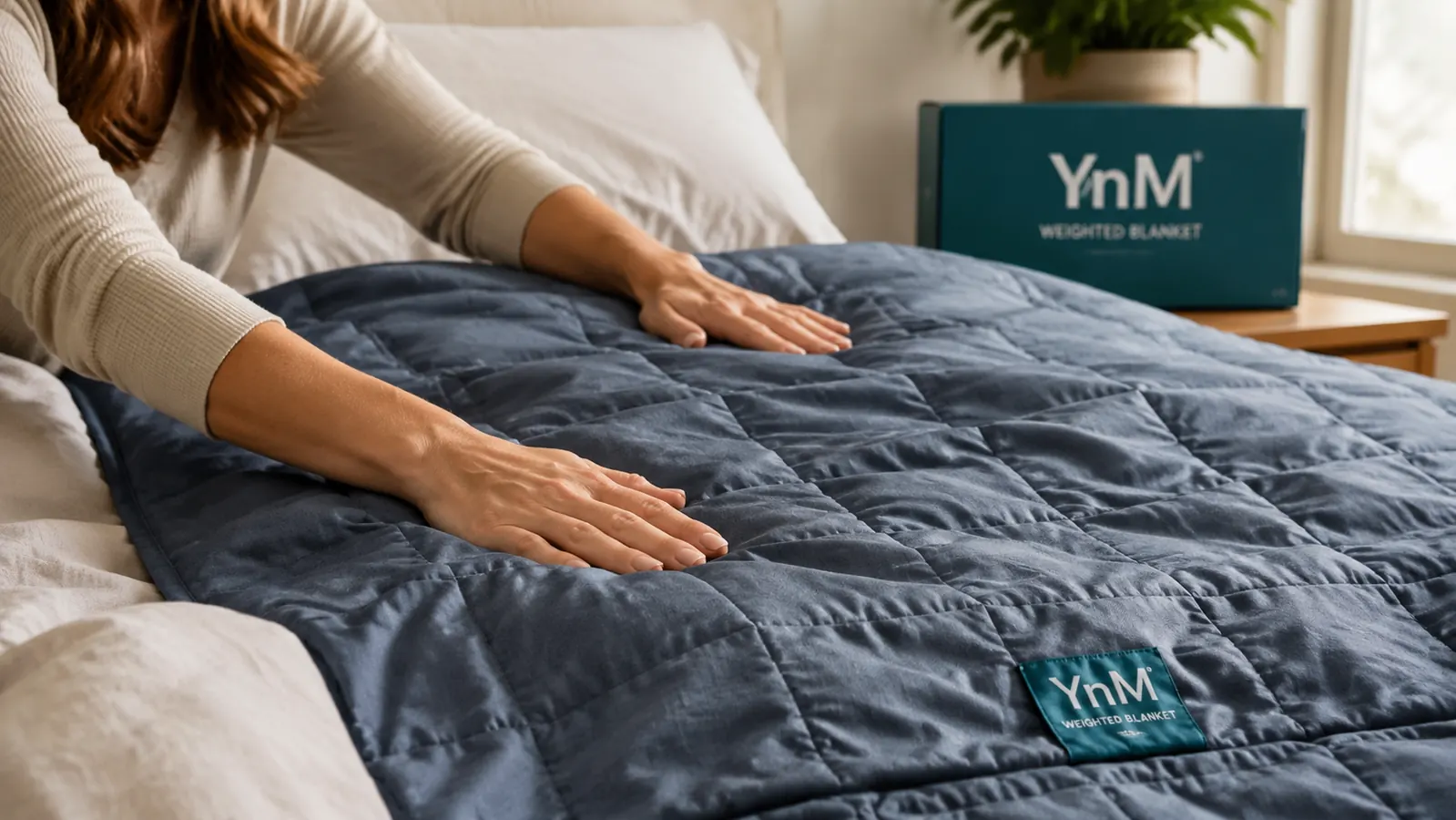 Hands draping a gray weighted blanket evenly over a person lying in bed