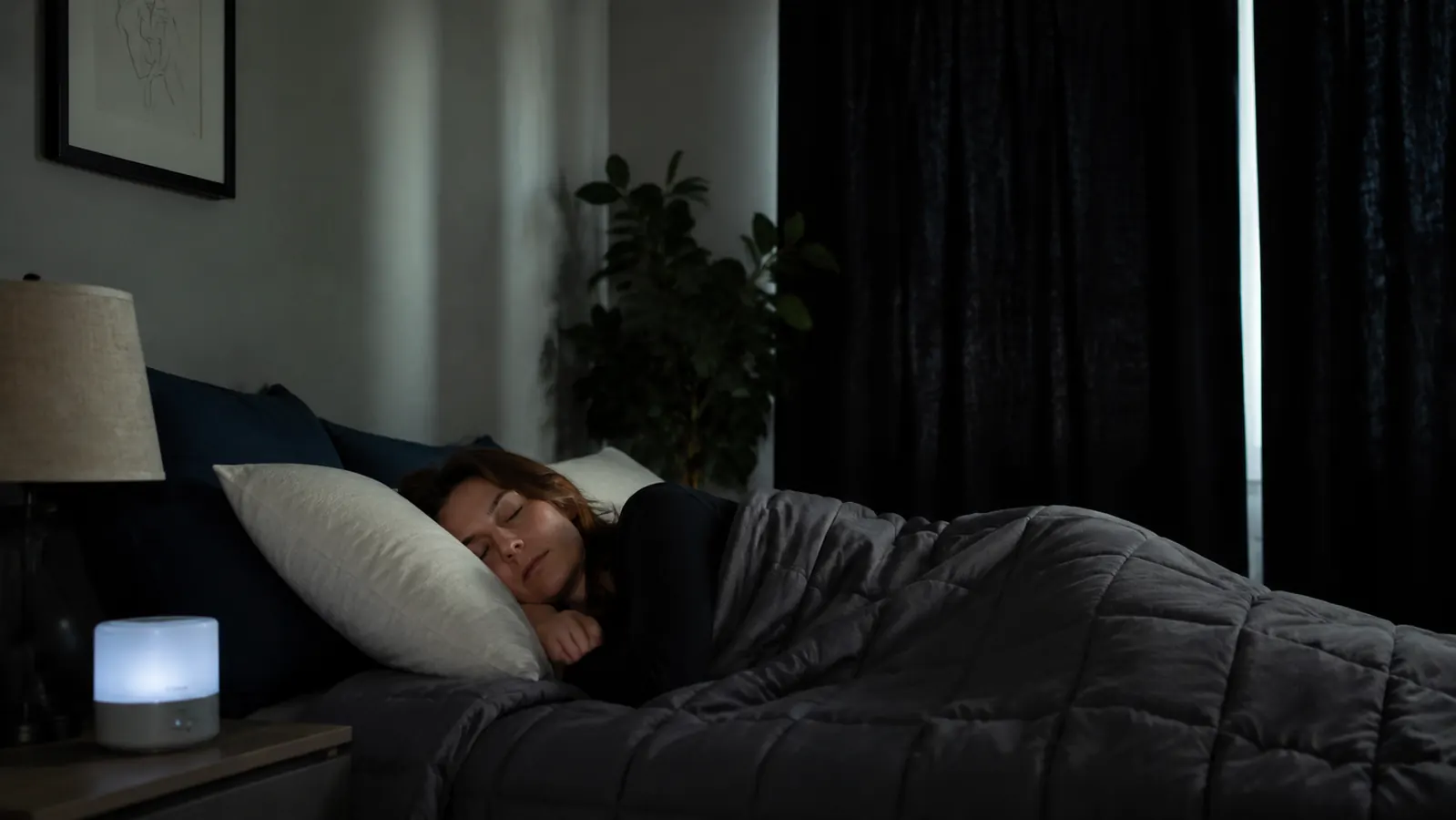 A bedroom with blackout curtains partially drawn against bright daytime light and a white noise machine on the nightstand
