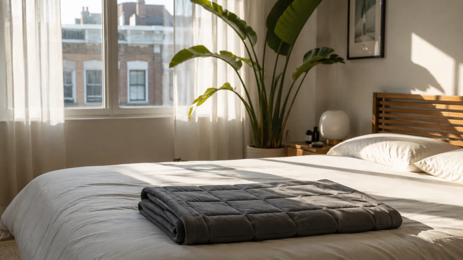 A neatly made bed with a gray weighted blanket folded at the foot, morning light coming through a west-facing window