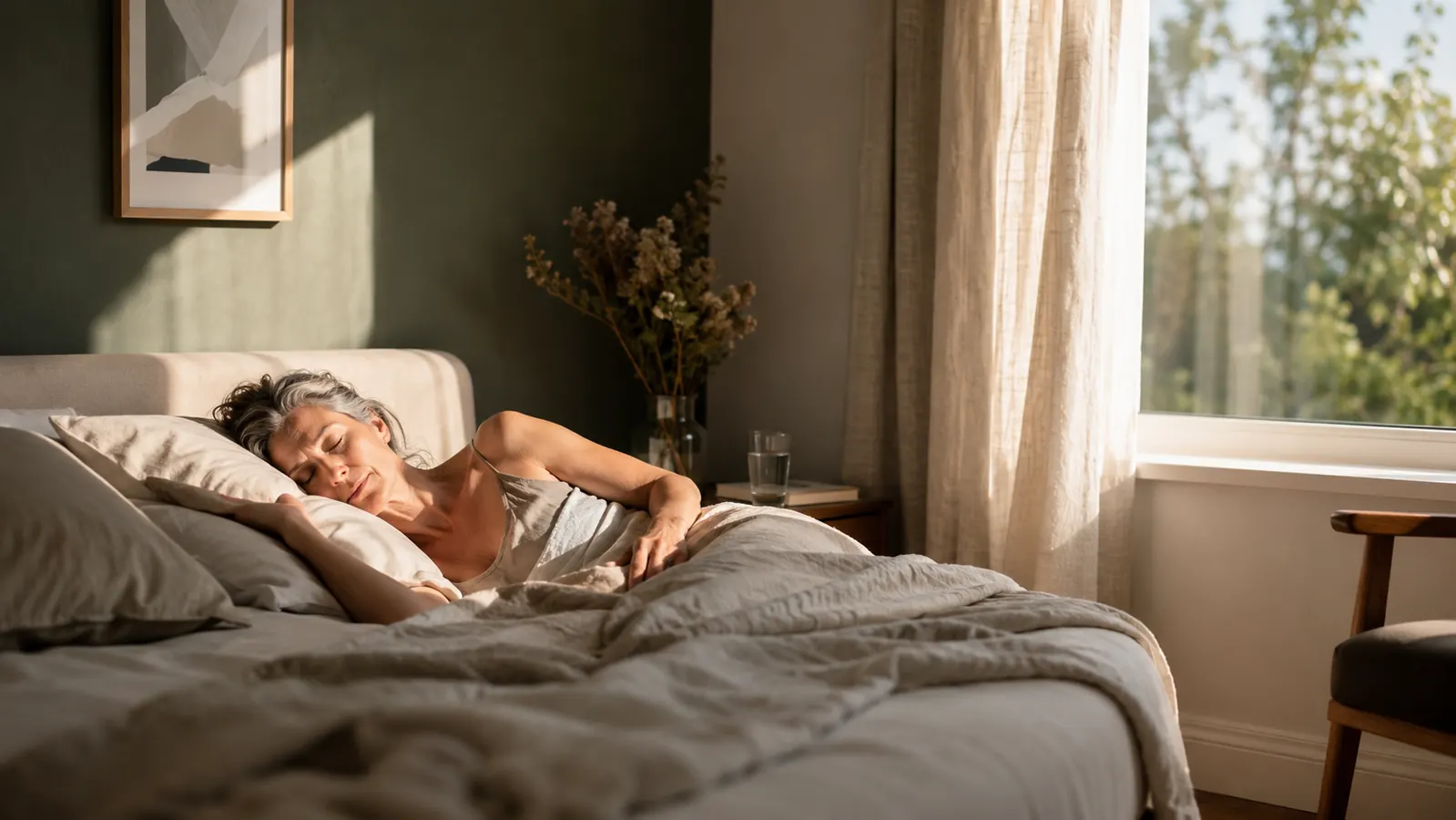 A bright second-floor bedroom in early afternoon with a plush white mattress topper visible under a fitted sheet on a made bed