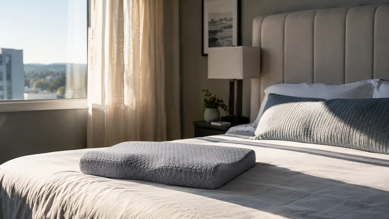 A gray gel-infused cooling pillow on a made bed with afternoon sun coming through a west-facing window