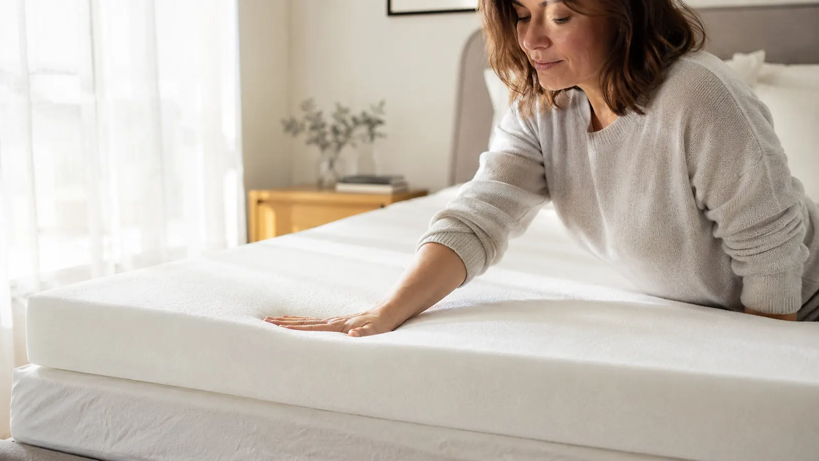 A hand pressing into a plush white mattress topper on a made bed, sunlight coming through a second-floor window