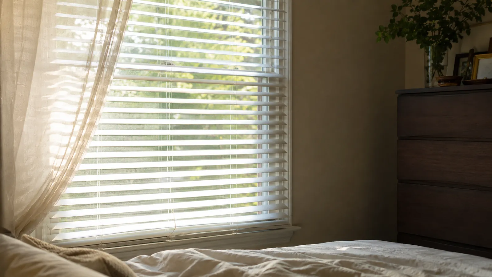 An open bedroom window with blinds tilted open to air out a mattress topper on a bright afternoon