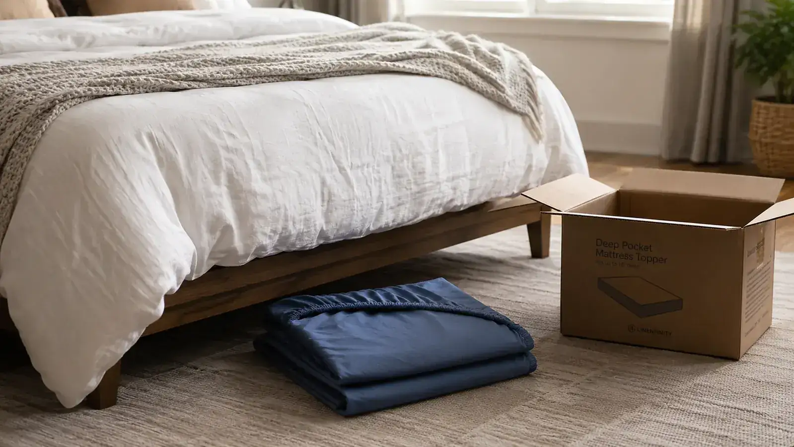 A folded fitted sheet and a rolled memory foam topper packaging box sitting at the foot of a made bed