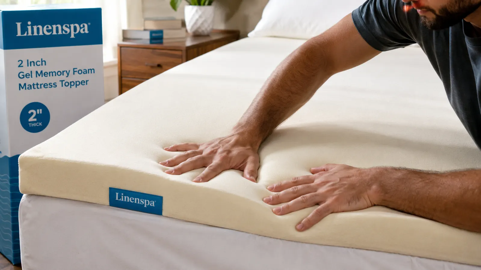 Hand pressing into the surface of the Linenspa gel memory foam mattress topper to show how it contours and slowly springs back