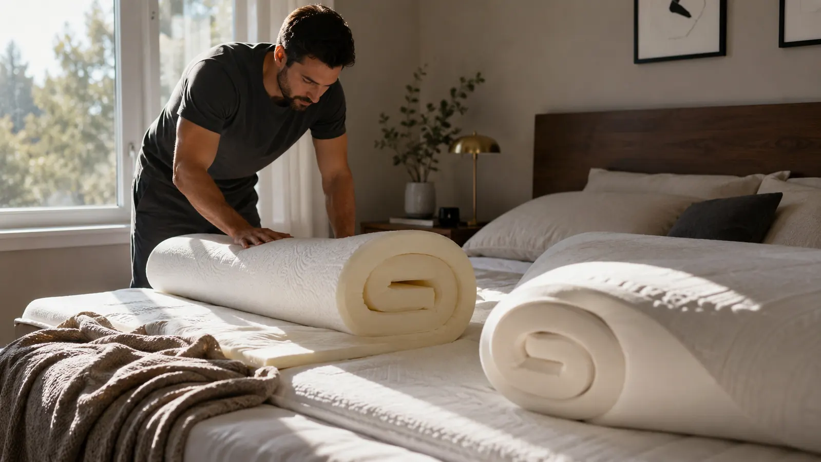 Two mattress toppers laid side by side on a bed in a sunlit second-floor bedroom, one thinner white topper and one thicker cream topper