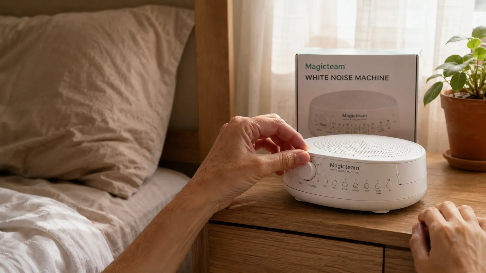 A hand adjusting the volume dial on the Magicteam white noise machine sitting on a nightstand beside a bed