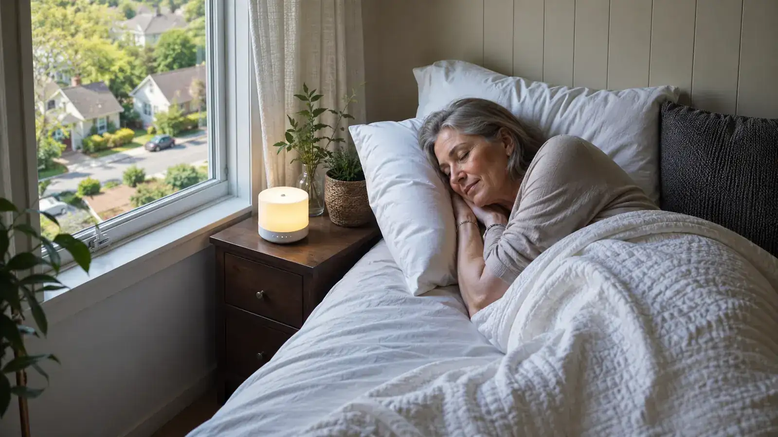 A calm, sunlit second-floor bedroom at midday with a white noise machine glowing softly on the nightstand and a daytime street visible through the window