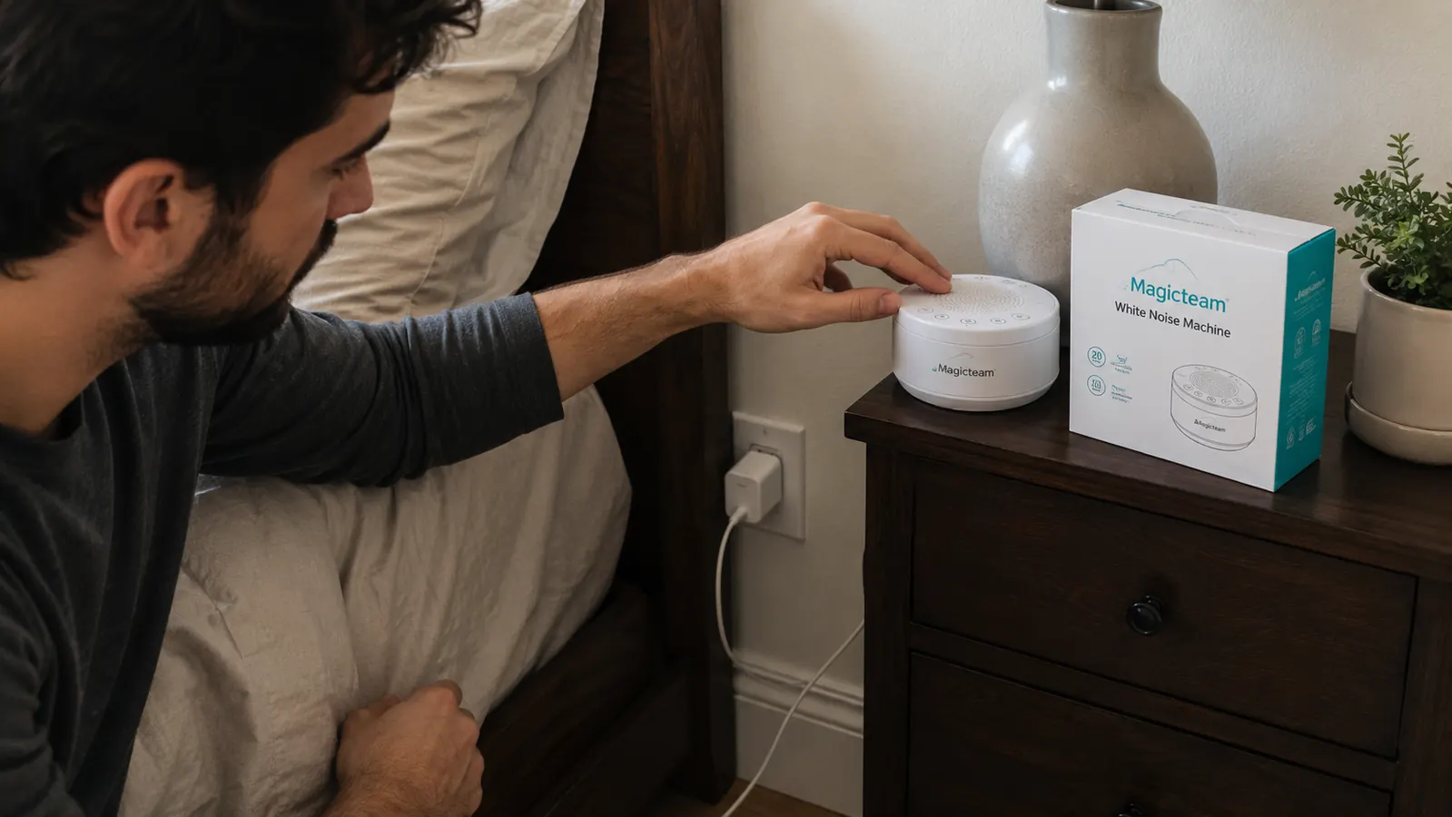 A power adapter plugged into a bedroom outlet near a nightstand, cord routed along the baseboard