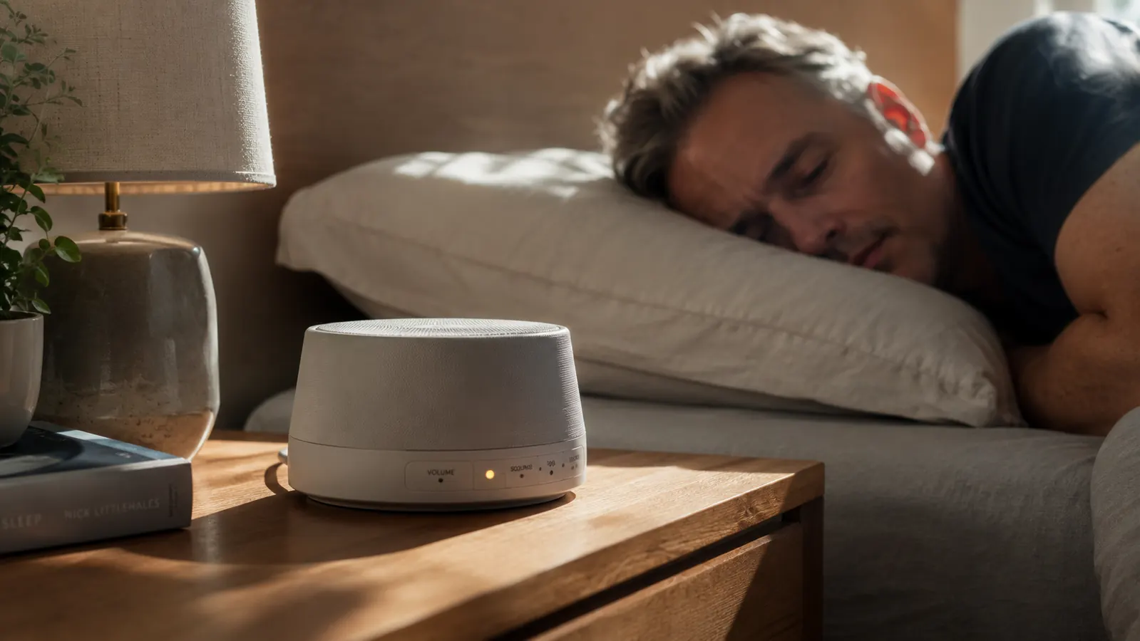 Close view of a white noise machine's small indicator light glowing on a nightstand in a sunlit bedroom