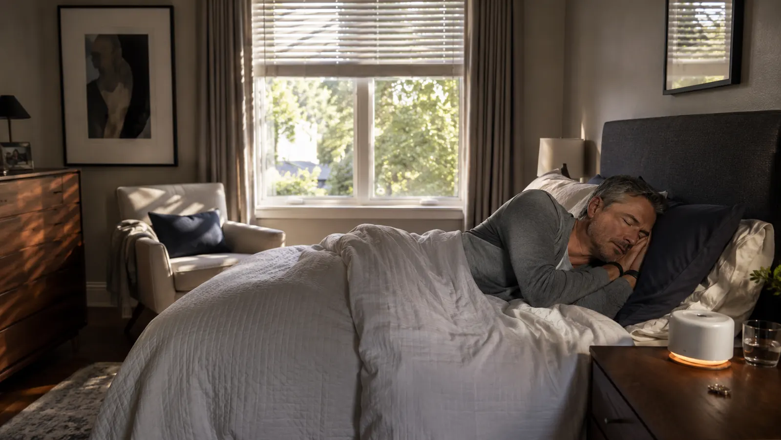 A second-floor bedroom in bright afternoon sun with a white noise machine glowing softly on the nightstand