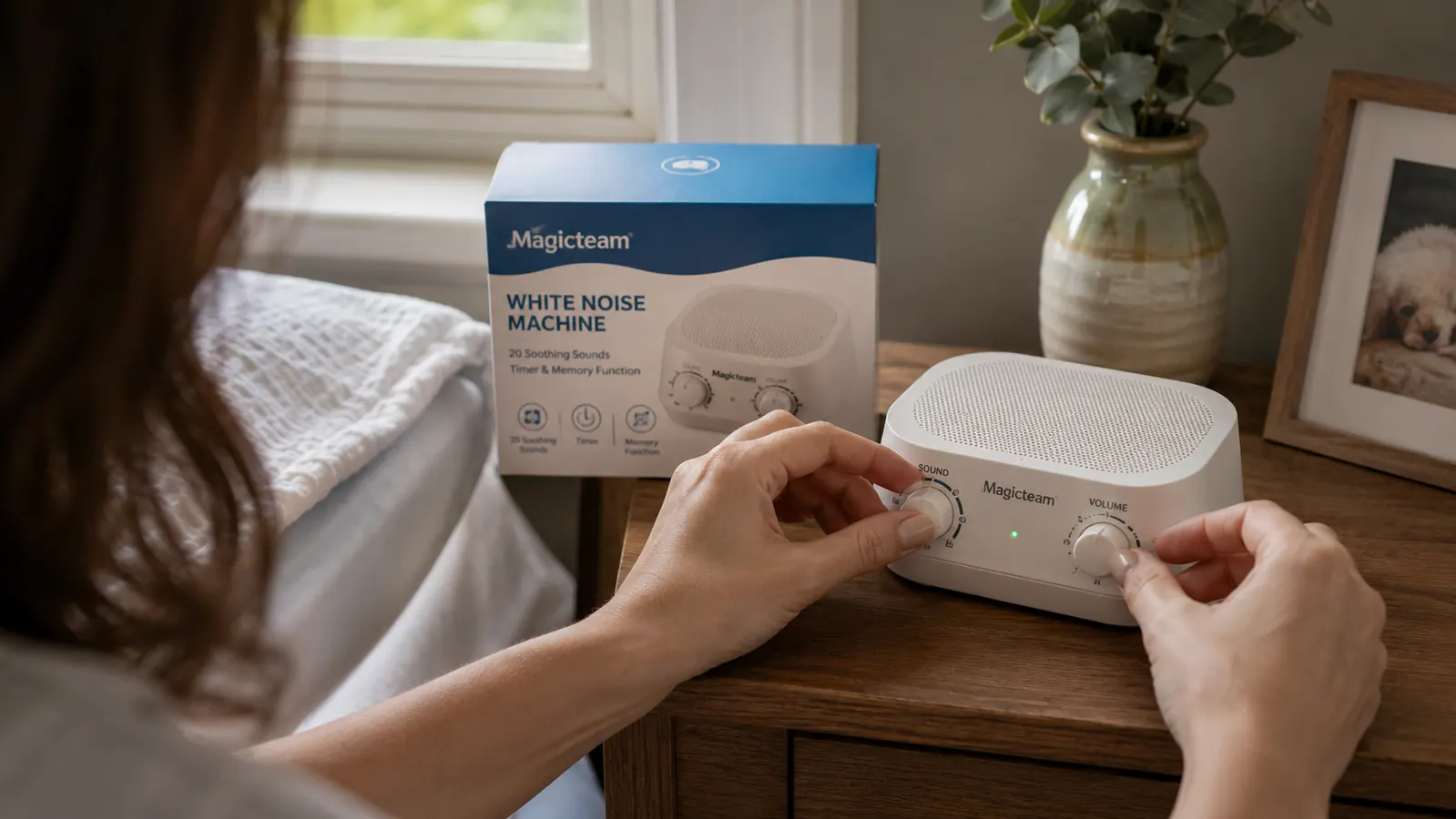 Close-up of a hand adjusting the dial on the Magicteam white noise machine, showing the sound selector and volume control