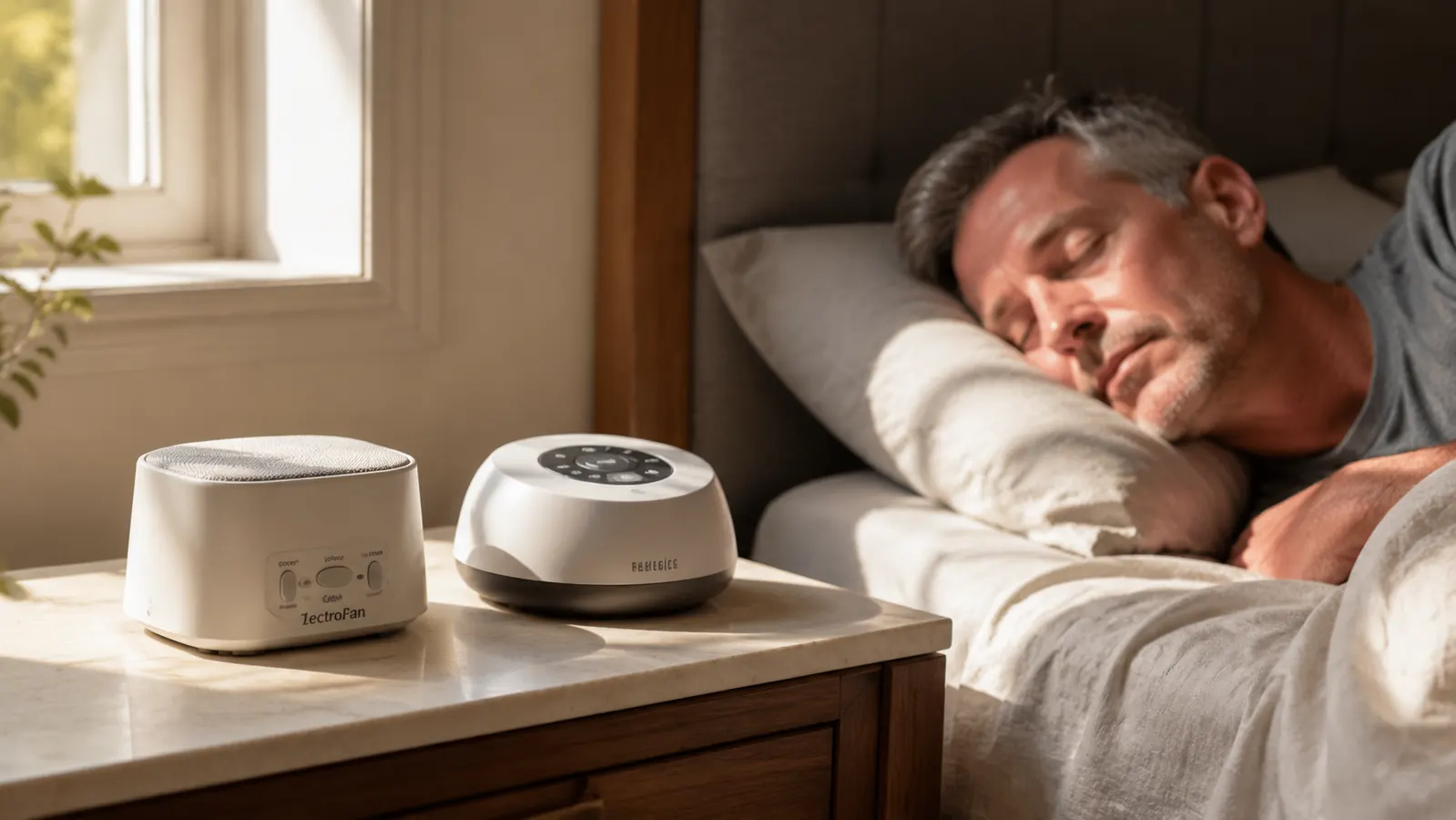 Two white noise machines side by side on a nightstand in a sunlit second-floor bedroom, one compact digital unit and one larger fan-style machine