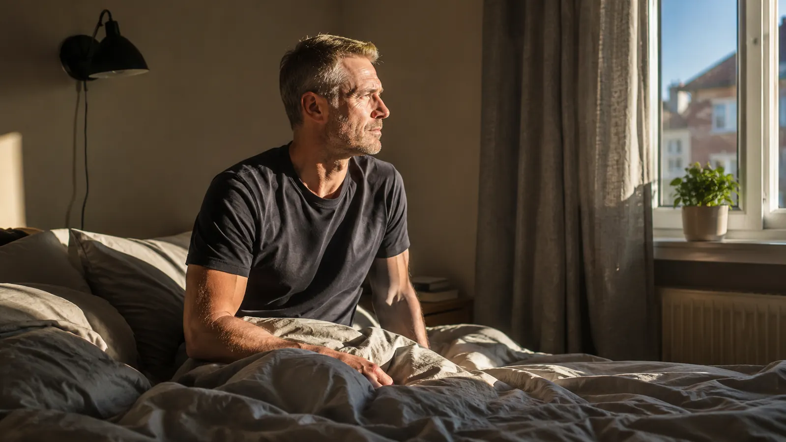 A bar of afternoon sunlight crossing a made bed in a west-facing bedroom, curtains slightly parted
