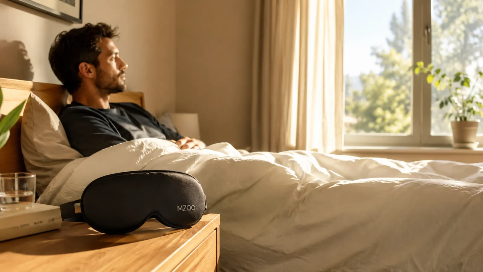 MZOO contoured sleep mask resting on a nightstand in a sunlit bedroom