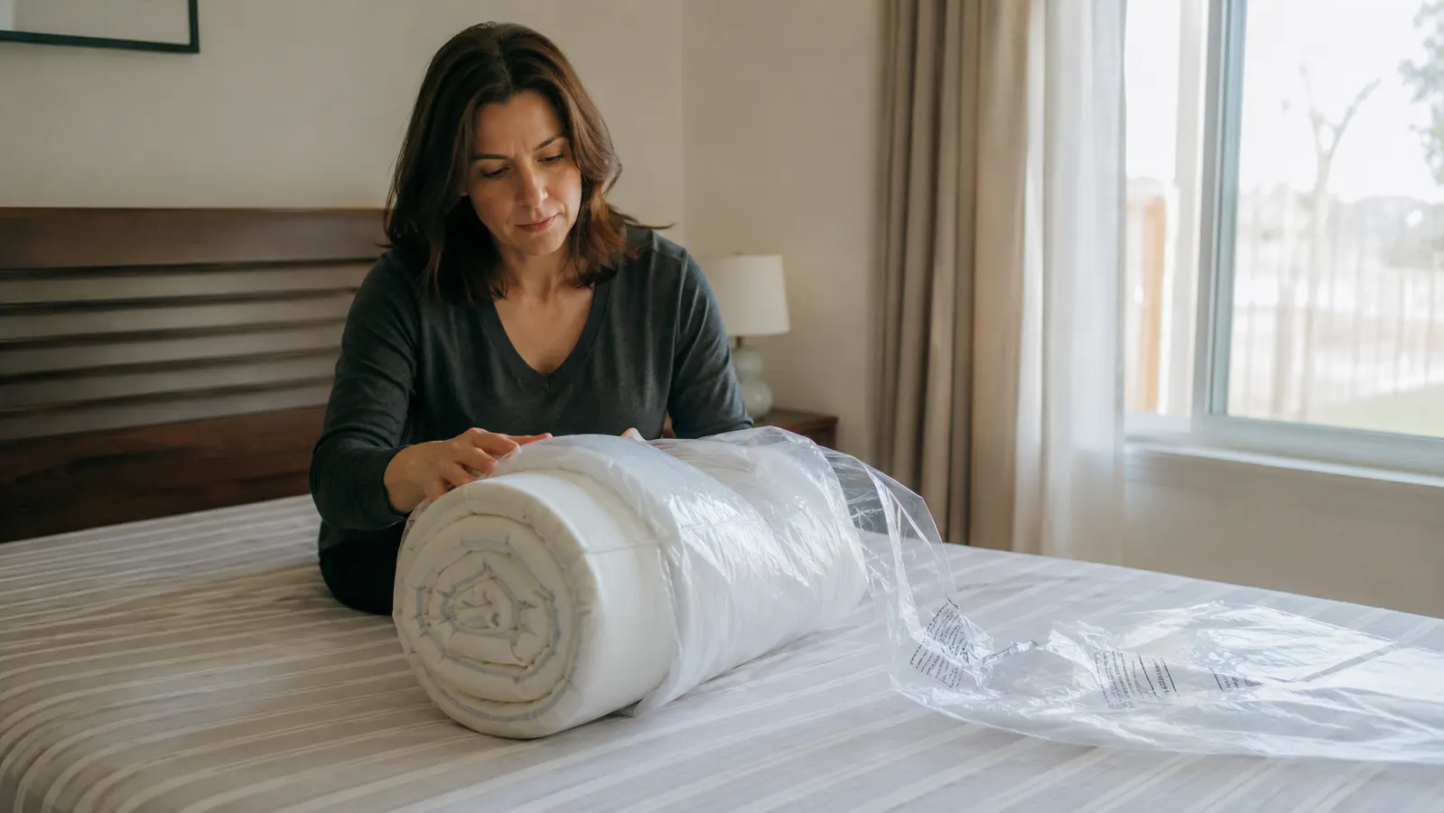 A vacuum-sealed pillow package half unrolled on a bed with the pillow still partially compressed