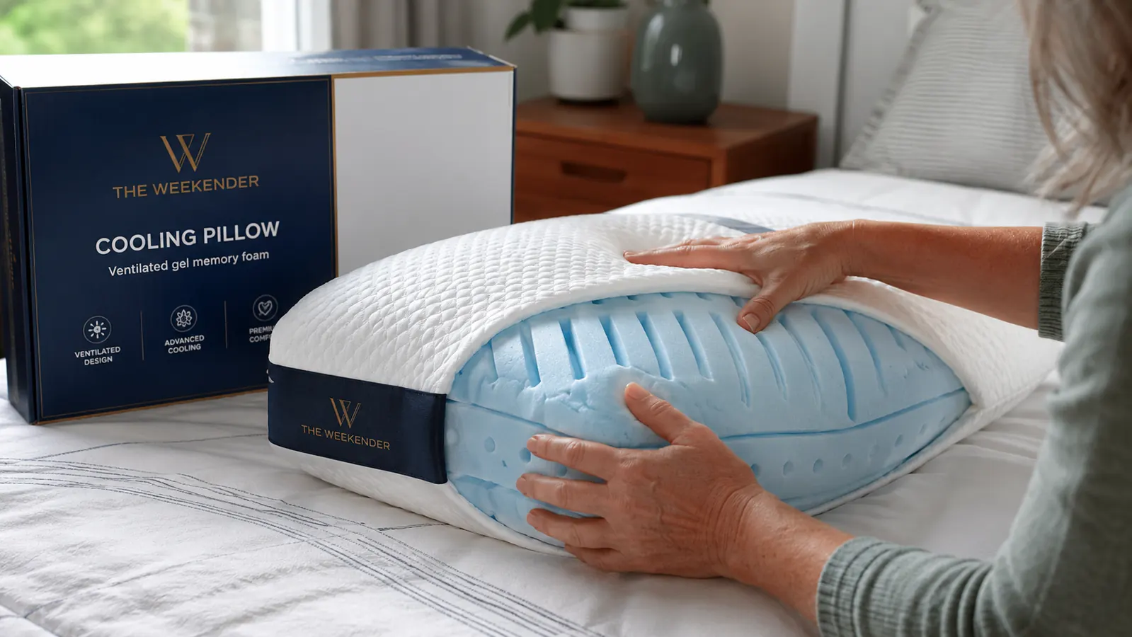 A hand fluffing the Weekender cooling gel memory foam pillow on a stripped bed in daylight