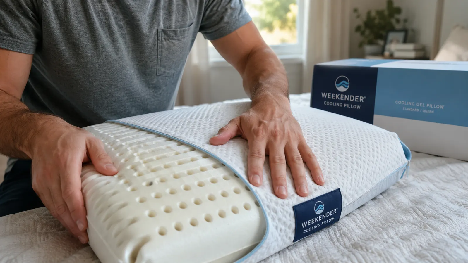 Close-up of a hand pressing into the ventilated gel foam surface of the Weekender cooling pillow