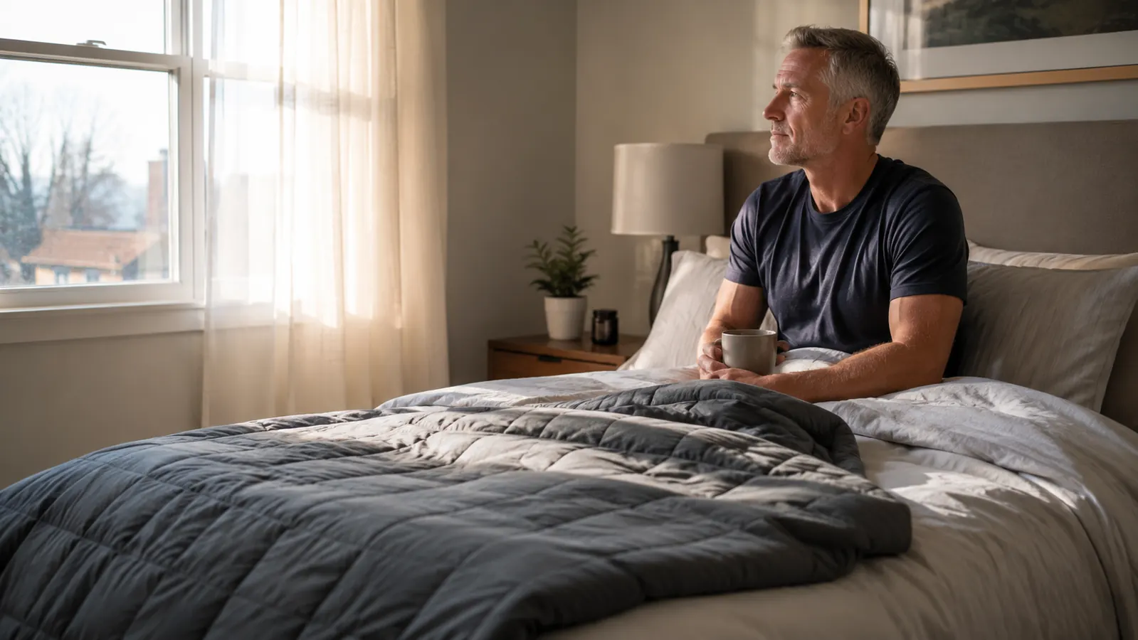 Grey YnM weighted blanket folded on a bed with morning light coming through a west-facing window