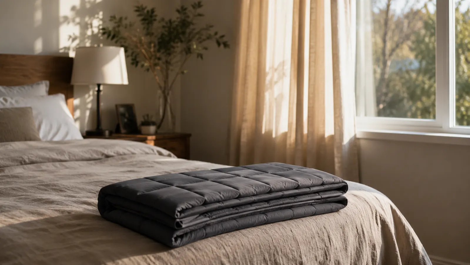 Weighted blanket folded at the foot of a bed in a sunlit second-floor bedroom
